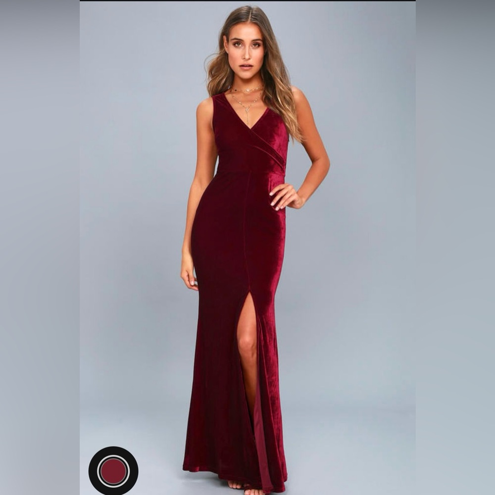 Lulu's Burgundy Velvet V-Neck Slit Evening Gown